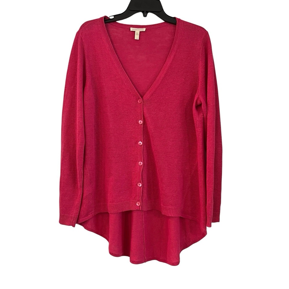 Eileen Fisher 100% Organic Linen Button Front Cardigan‎ Large Pink Euro Summer